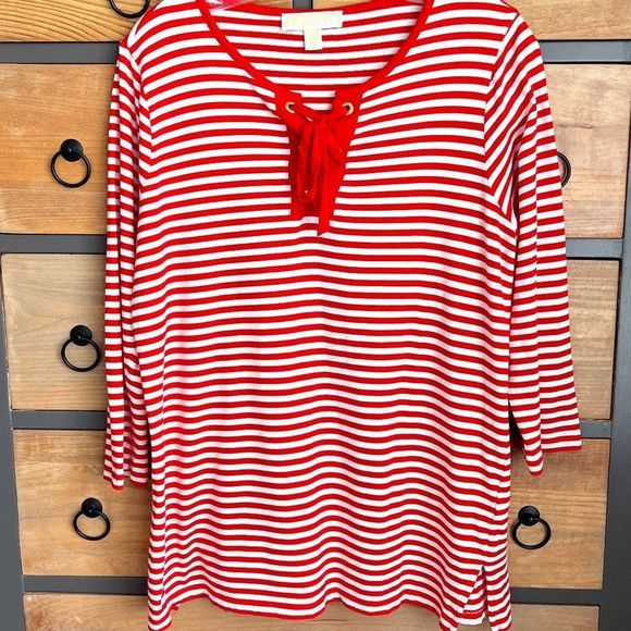 Michael Kors Red and White Striped Long Sleeve Top with Lace Up Bodice Large - Picture 1 of 7